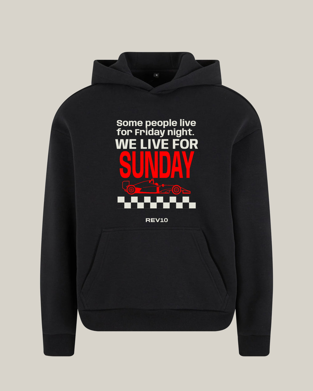 Sunday Hoodie in black, front view - REV10 oversized motorsport hoodie
