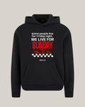 Sunday Hoodie in black, front view - REV10 oversized motorsport hoodie