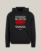 Sunday Hoodie in black, front view - REV10 oversized motorsport hoodie
