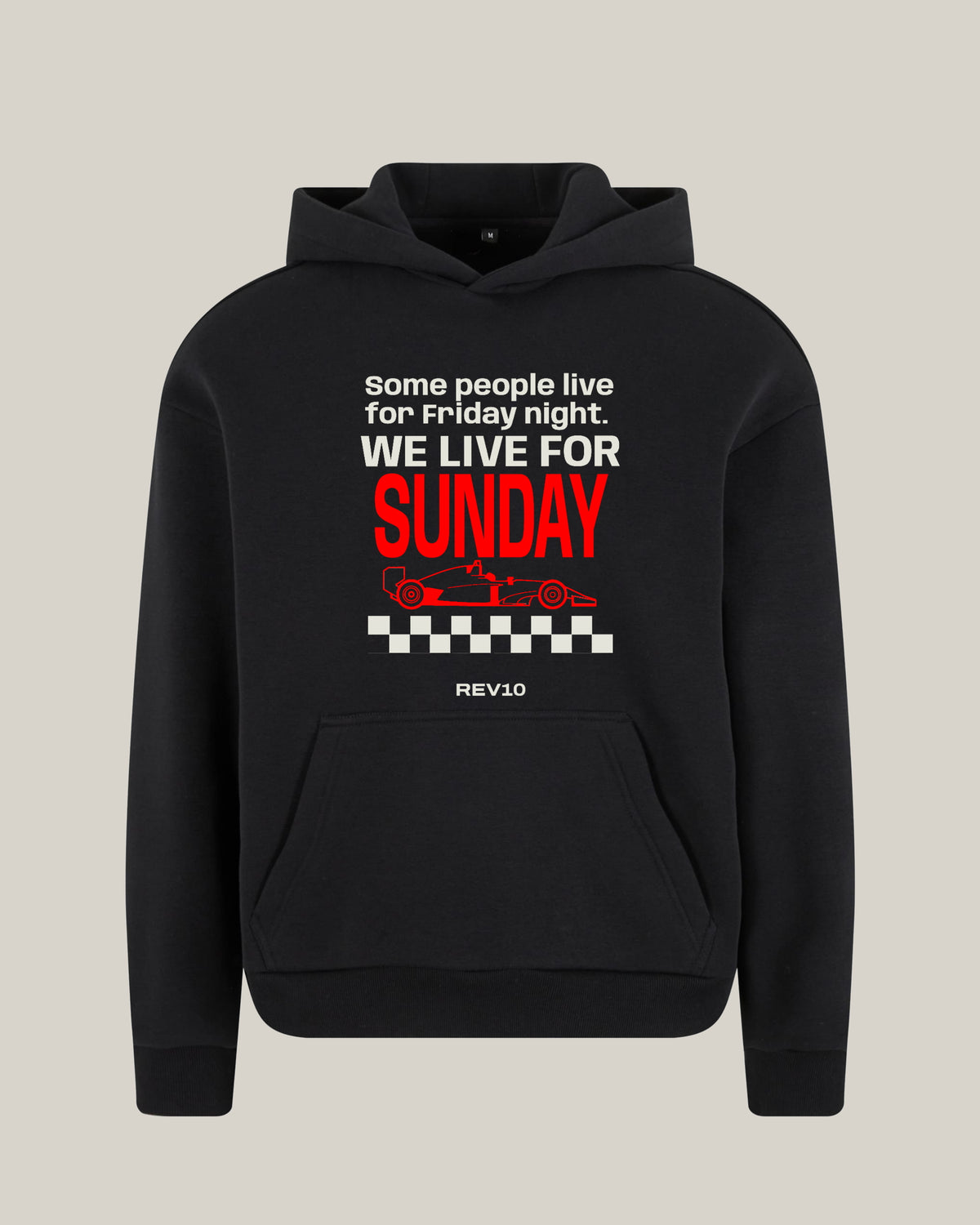 Sunday Hoodie in black, front view - REV10 oversized motorsport hoodie