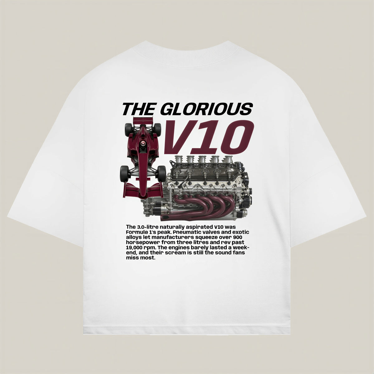 Glorious V10 Tee in white - REV10 oversized motorsport t-shirt