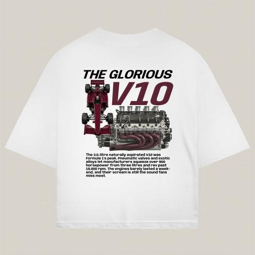 Glorious V10 Tee in white - REV10 oversized motorsport t-shirt