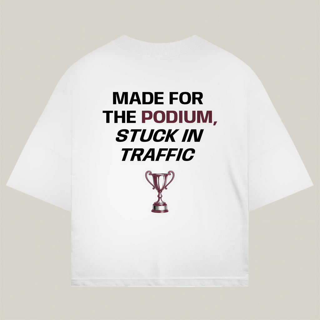 Podium Tee in white, alternate view - REV10 oversized motorsport t-shirt