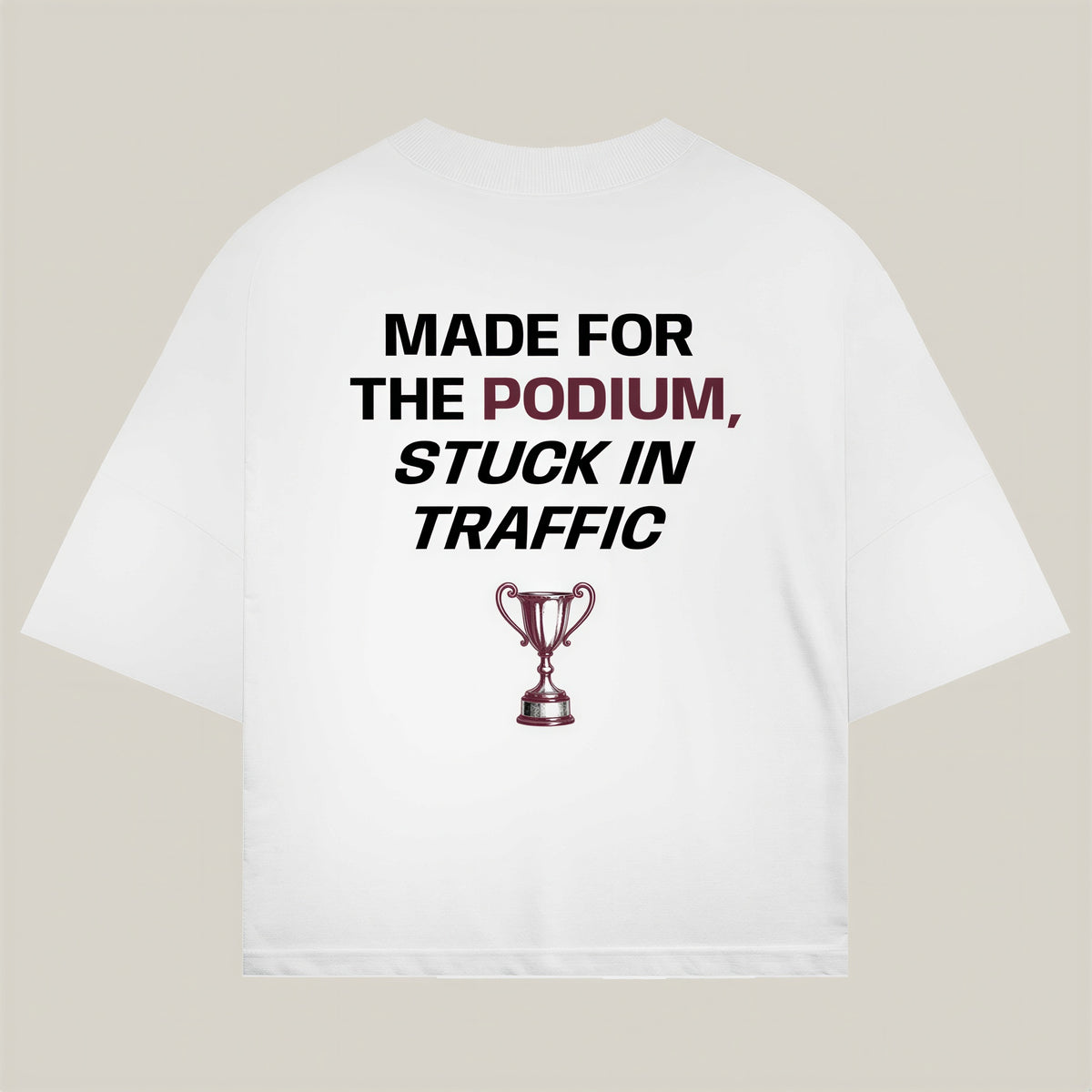 Podium Tee in white, alternate view - REV10 oversized motorsport t-shirt