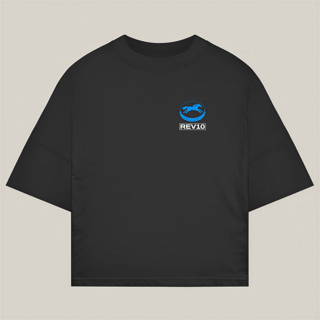 Horsepower Tee in black, alternate view - REV10 oversized motorsport t-shirt