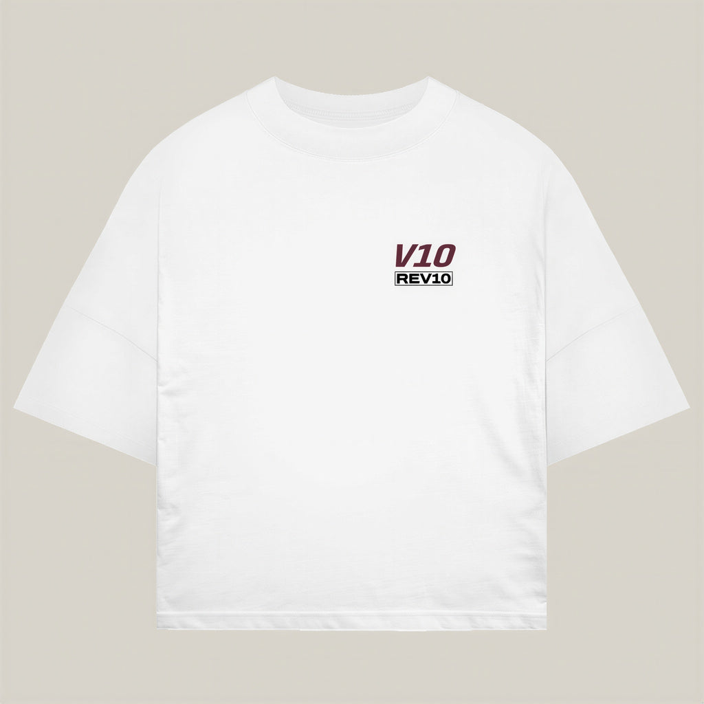 Glorious V10 Tee in white, alternate view - REV10 oversized motorsport t-shirt