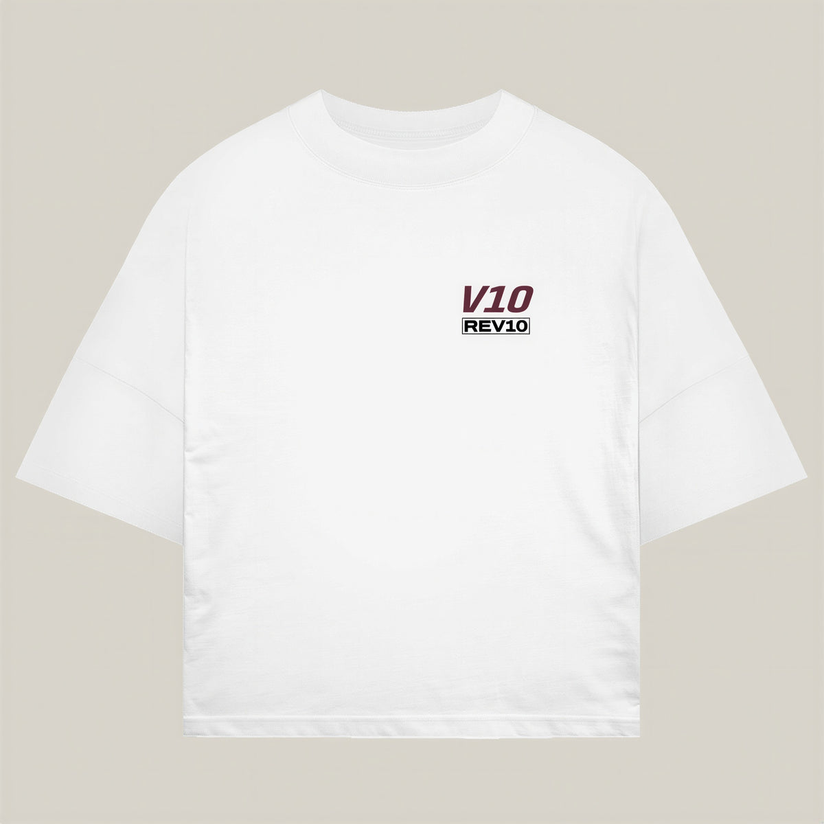 Glorious V10 Tee in white, alternate view - REV10 oversized motorsport t-shirt