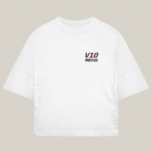 Glorious V10 Tee in white, alternate view - REV10 oversized motorsport t-shirt