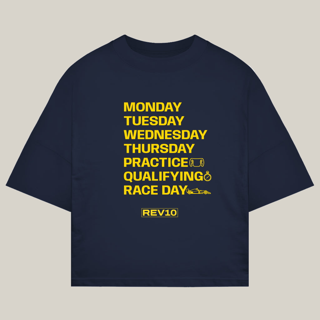Race Day Tee in French navy, front view - REV10 oversized motorsport t-shirt