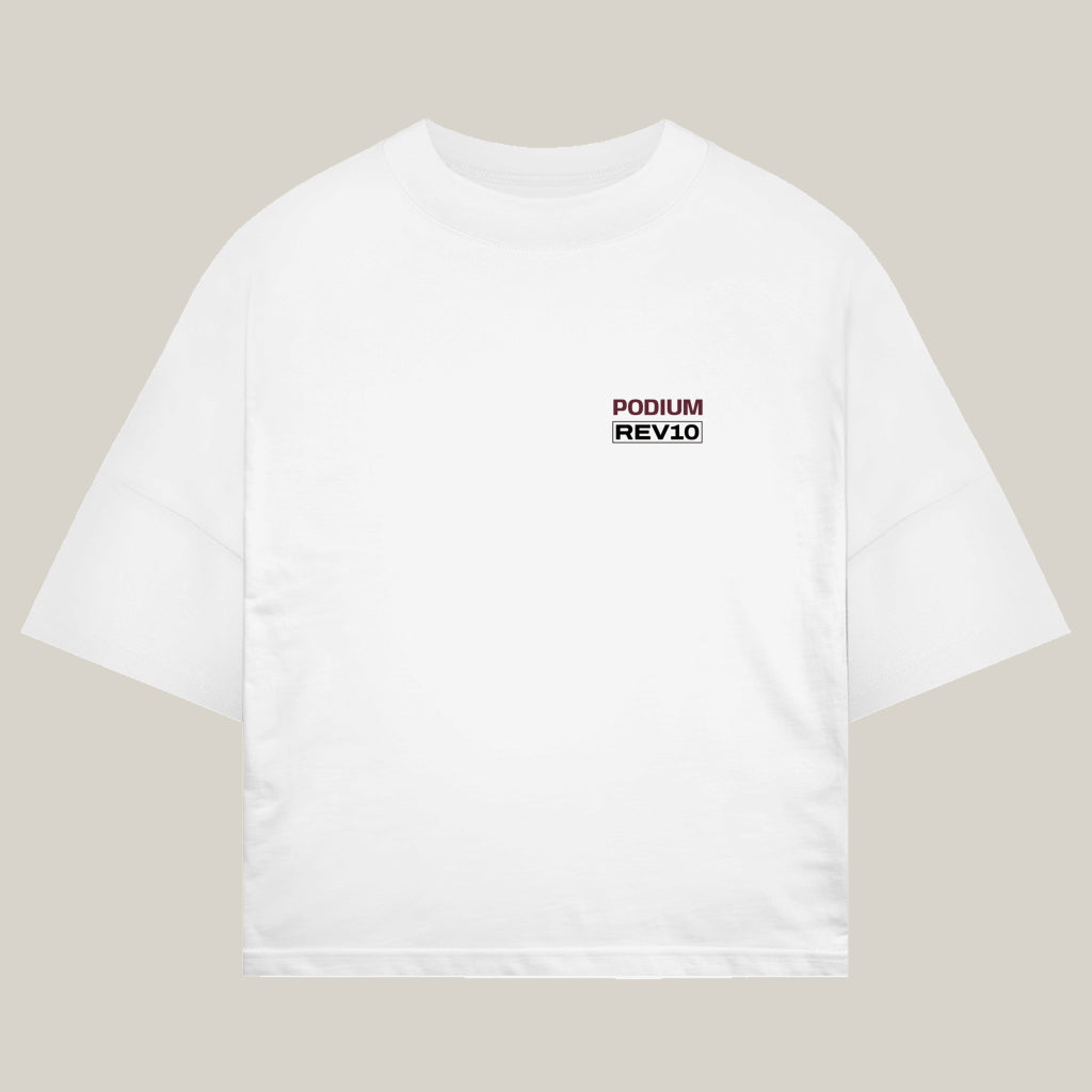 Podium Tee in white, front view - REV10 oversized motorsport t-shirt